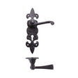 High quality image of the Foxcote Foundries - Lever on Fleur de Lys Lock Backplate - Antique Black | Sku. ff611 | available to order from Trade Door Handles.