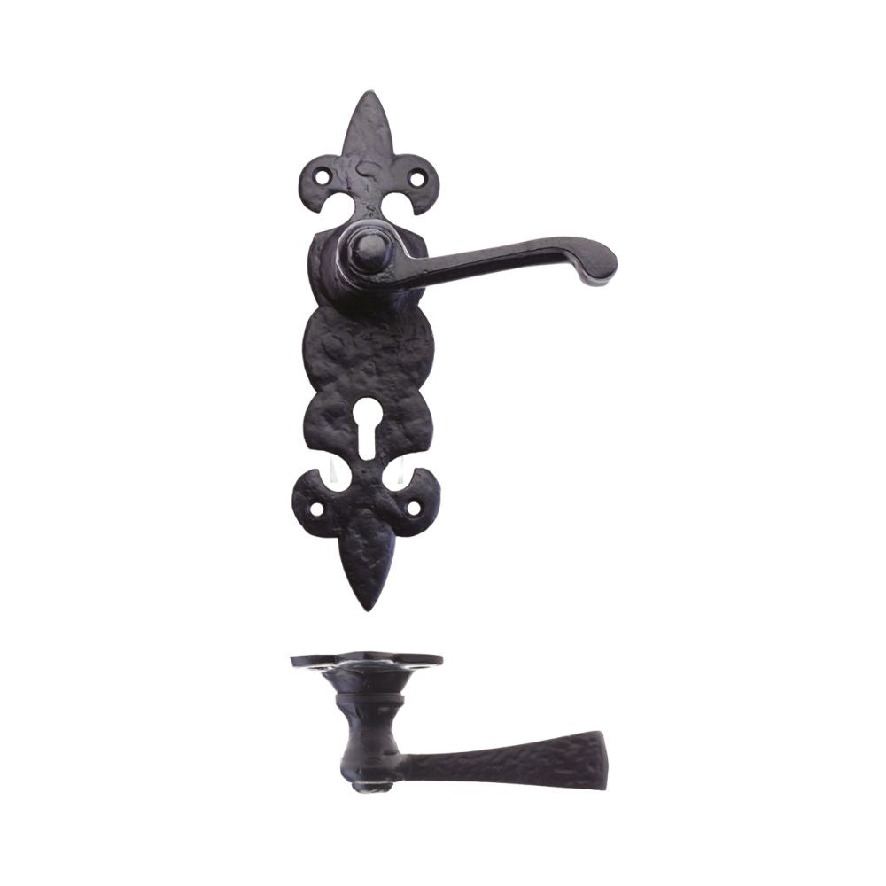 High quality image of the Foxcote Foundries - Lever on Fleur de Lys Lock Backplate - Antique Black | Sku. ff611 | available to order from Trade Door Handles.