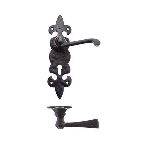 High quality image of the Foxcote Foundries - Lever on Fleur de Lys Lock Backplate - Antique Black | Sku. ff611 | available to order from Trade Door Handles.