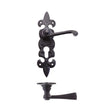 High quality image of the Foxcote Foundries - Lever on Fleur de Lys Euro Backplate - Antique Black | Sku. ff611ep | available to order from Trade Door Handles.