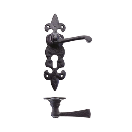High quality image of the Foxcote Foundries - Lever on Fleur de Lys Euro Backplate - Antique Black | Sku. ff611ep | available to order from Trade Door Handles.