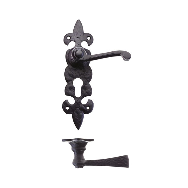 High quality image of the Foxcote Foundries - Lever on Fleur de Lys Euro Backplate - Antique Black | Sku. ff611ep | available to order from Trade Door Handles.