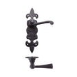High quality image of the Foxcote Foundries - Lever on Fleur de Lys Latch Backplate - Antique Black | Sku. ff612 | available to order from Trade Door Handles.