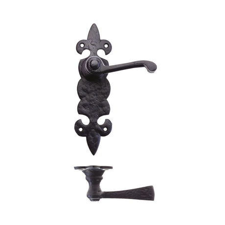 High quality image of the Foxcote Foundries - Lever on Fleur de Lys Latch Backplate - Antique Black | Sku. ff612 | available to order from Trade Door Handles.