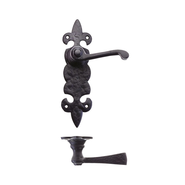 High quality image of the Foxcote Foundries - Lever on Fleur de Lys Latch Backplate - Antique Black | Sku. ff612 | available to order from Trade Door Handles.