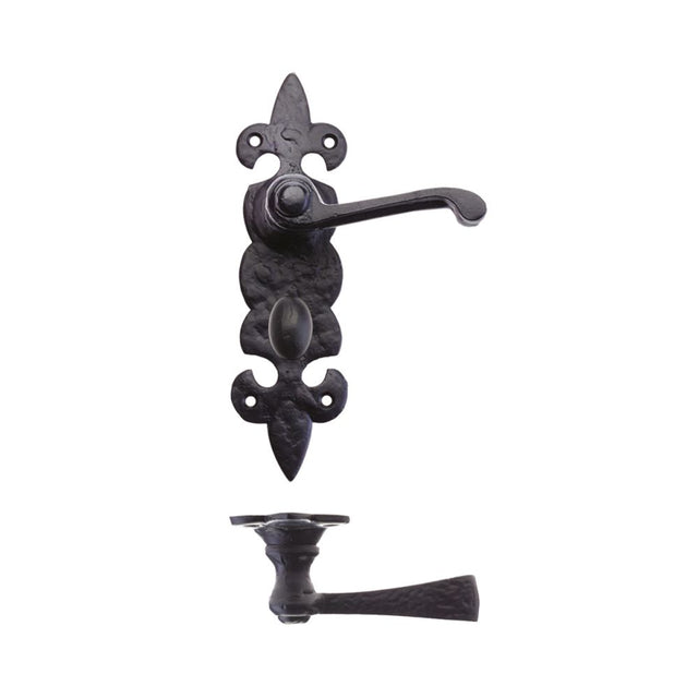 High quality image of the Foxcote Foundries - Lever on Fleur de Lys Bathroom Backplate - Antique Black | Sku. ff613 | available to order from Trade Door Handles.