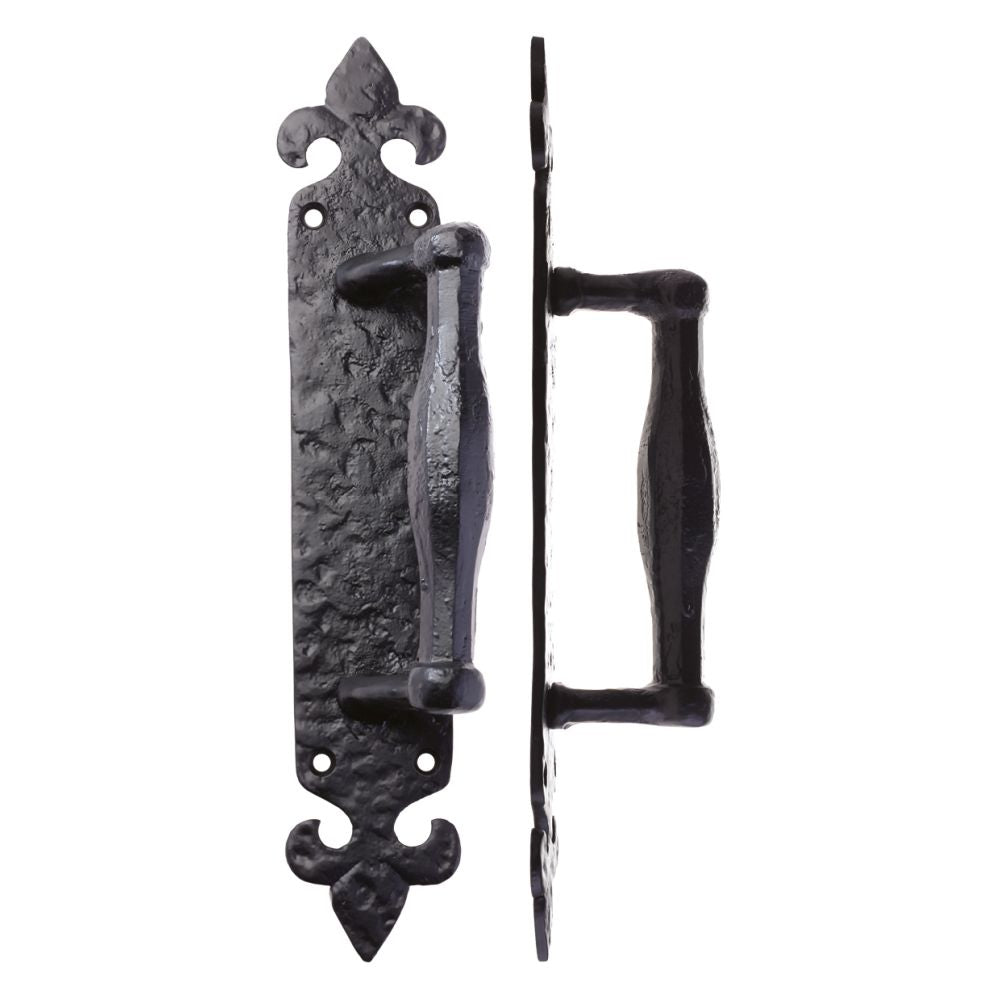 High quality image of the Foxcote Foundries - Pull Handle on Fleur De Lys Backplate - 10" - Antique Black | Sku. ff74 | available to order from Trade Door Handles.