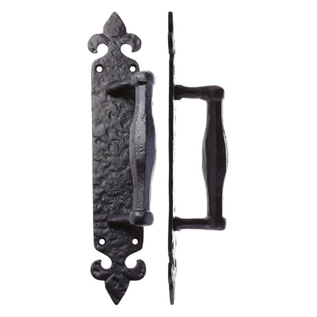 High quality image of the Foxcote Foundries - Pull Handle on Fleur De Lys Backplate - 10" - Antique Black | Sku. ff74 | available to order from Trade Door Handles.