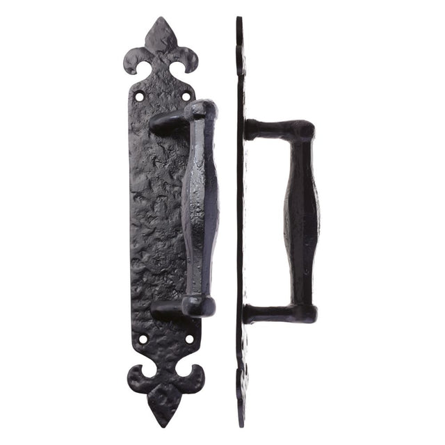 High quality image of the Foxcote Foundries - Pull Handle on Fleur De Lys Backplate - 10" - Antique Black | Sku. ff74 | available to order from Trade Door Handles.