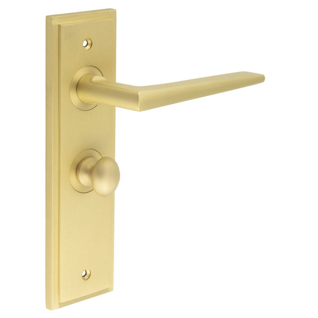 Frelan Hardware Door Furniture Satin Brass / Bathroom Lock Handles Frelan - Mayfair Door Handle Bathroom Backplate Satin Brass & Turn & Release