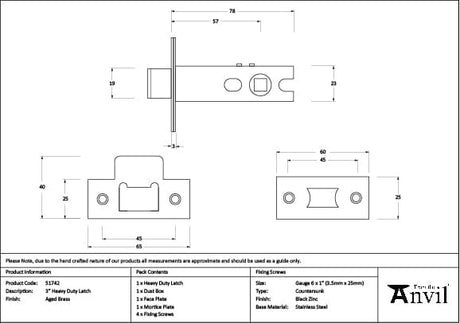 From The Anvil Locks & Latches Aged Brass / Tubular Mortice Latch / 3" From The Anvil - Aged Brass 3" Heavy Duty Latch