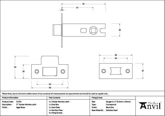 From The Anvil Locks & Latches Aged Brass / Tubular Mortice Latch / 3" From The Anvil - Aged Brass 3" Tubular Mortice Latch