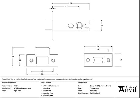From The Anvil Locks & Latches Aged Brass / Tubular Mortice Latch / 3" From The Anvil - Aged Brass 3" Tubular Mortice Latch
