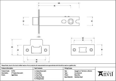 From The Anvil Locks & Latches Aged Brass / Tubular Mortice Latch / 4" From The Anvil - Aged Brass 4" Heavy Duty Latch