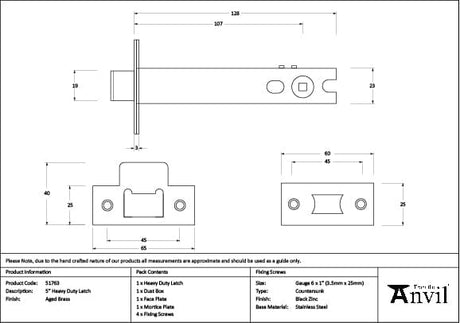 From The Anvil Locks & Latches Aged Brass / Tubular Mortice Latch / 5" From The Anvil - Aged Brass 5" Heavy Duty Latch
