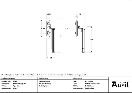 From The Anvil Window Furniture Aged Brass / Right Hand / Yes From The Anvil - Aged Brass Art Deco Espag - RH