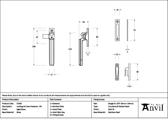 From The Anvil Window Furniture Aged Brass / Yes / Mortice & Hook Place From The Anvil - Aged Brass Locking Art Deco Fastener - RH