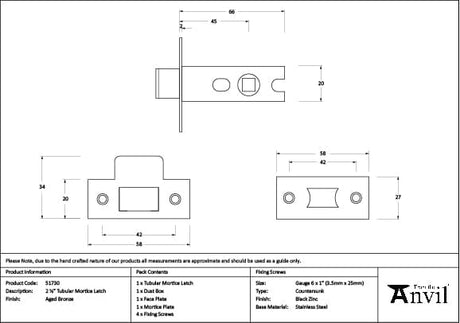 From The Anvil Locks & Latches Aged Bronze / Tubular Mortice Latch / 2.5" From The Anvil - Aged Bronze 2 Tubular Mortice Latch