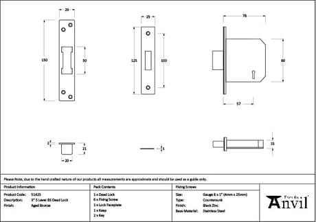 From The Anvil Locks & Latches Aged Bronze / 5 Lever Deadlocks / 3" / 76mm From The Anvil - Aged Bronze 3" 5 Lever BS Dead Lock