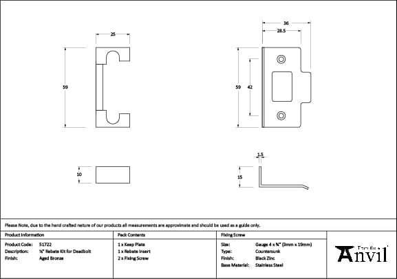 From The Anvil Locks & Latches Aged Bronze / Dead Bolt Rebate Kit From The Anvil - Aged Bronze Rebate Kit for Deadbolt