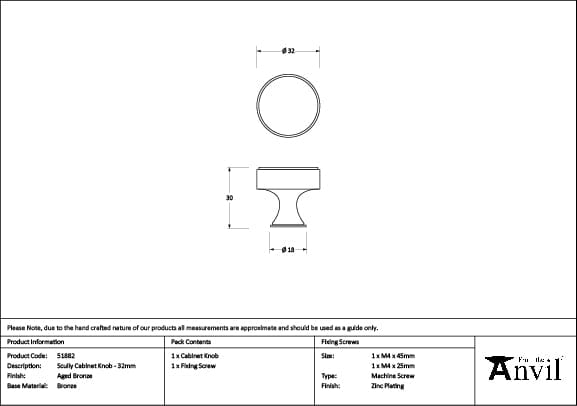 From The Anvil Cabinet Hardware Aged Bronze / Cabinet Knobs / 32mm Dia. From The Anvil - Aged Bronze Scully Cabinet Knob - 32mm