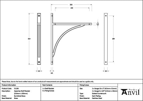 From The Anvil Accessories Burnished Brass / Shelf Brackets / 314 x 250mm From The Anvil - Burnished Brass Apperley Shelf Bracket (314mm x 250mm)