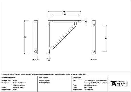 From The Anvil Accessories Burnished Brass / Shelf Brackets / 150 x 150mm From The Anvil - Burnished Brass Barton Shelf Bracket (150mm x 150mm)