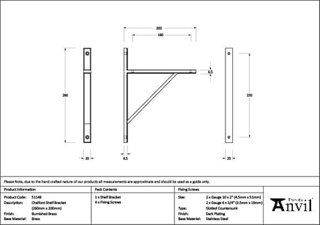 From The Anvil Accessories Burnished Brass / Shelf Brackets / 260 x 200mm From The Anvil - Burnished Brass Chalfont Shelf Bracket (260mm x 200mm)