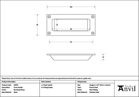From The Anvil Cabinet Hardware Burnished Brass / Flush Handle From The Anvil - Burnished Brass Flush Handle