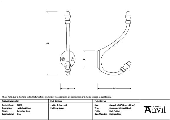 From The Anvil Accessories Burnished Brass / Hat & Coat Hooks From The Anvil - Burnished Brass Hat & Coat Hook
