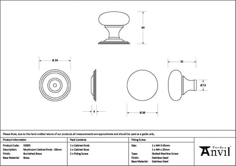 From The Anvil Cabinet Hardware Burnished Brass / Cabinet Knobs / 38mm Dia. From The Anvil - Burnished Brass Mushroom Cabinet Knob 38mm