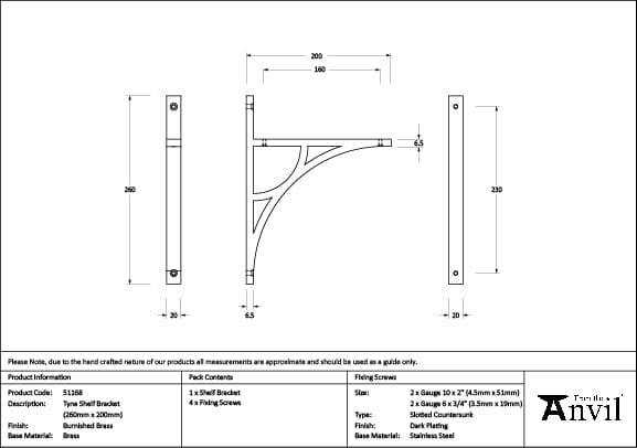 From The Anvil Accessories Burnished Brass / Shelf Brackets / 260 x 200mm From The Anvil - Burnished Brass Tyne Shelf Bracket (260mm x 200mm)