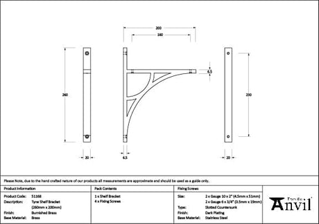 From The Anvil Accessories Burnished Brass / Shelf Brackets / 260 x 200mm From The Anvil - Burnished Brass Tyne Shelf Bracket (260mm x 200mm)