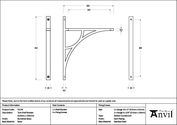 From The Anvil Accessories Burnished Brass / Shelf Brackets / 314 x 250mm From The Anvil - Burnished Brass Tyne Shelf Bracket (314mm x 250mm)