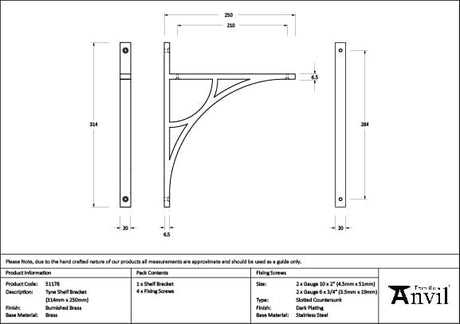 From The Anvil Accessories Burnished Brass / Shelf Brackets / 314 x 250mm From The Anvil - Burnished Brass Tyne Shelf Bracket (314mm x 250mm)