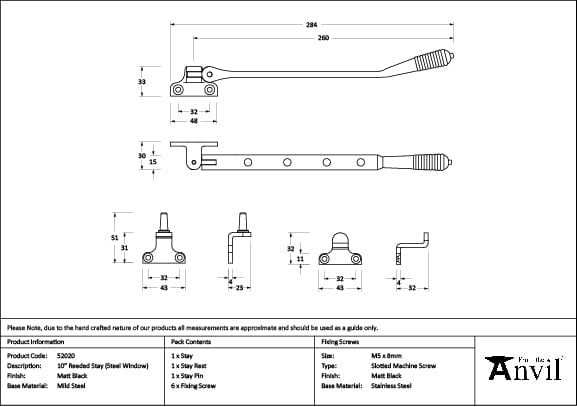 From The Anvil Window Furniture Matt Black / 10"/250mm From The Anvil - Matt Black 10" Reeded Stay (Steel Window)