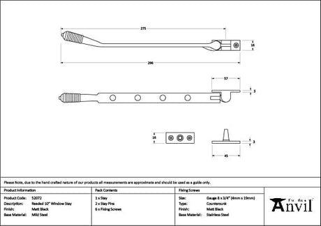 From The Anvil Window Furniture Matt Black / 10"/250mm From The Anvil - Matt Black 10" Reeded Stay