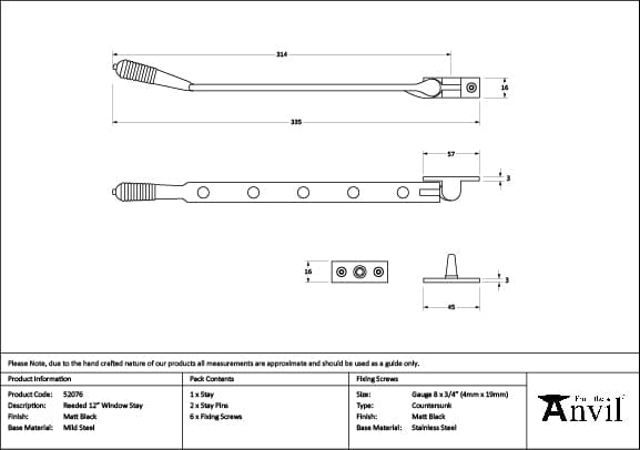 From The Anvil Window Furniture Matt Black / 12"/300mm From The Anvil - Matt Black 12" Reeded Stay