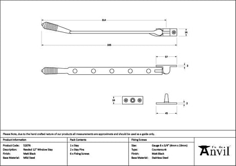 From The Anvil Window Furniture Matt Black / 12"/300mm From The Anvil - Matt Black 12" Reeded Stay