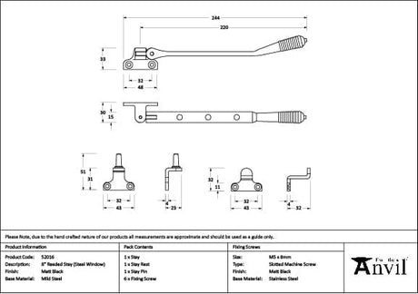 From The Anvil Window Furniture Matt Black / 8"/200mm From The Anvil - Matt Black 8" Reeded Stay (Steel Window)