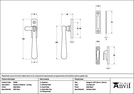 From The Anvil Window Furniture Matt Black / Yes / Mortice & Hook Place From The Anvil - Matt Black Locking Newbury Fastener