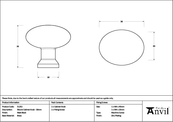 From The Anvil Cabinet Hardware Matt Black / Cabinet Knobs / 38mm Dia. From The Anvil - Matt Black Moore Cabinet Knob - 38mm