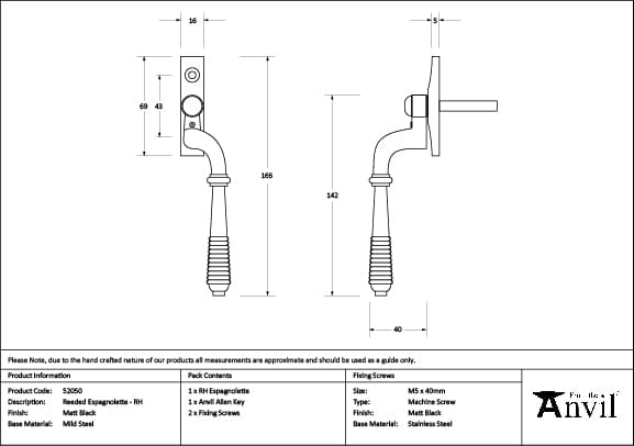 From The Anvil Window Furniture Matt Black / Right Hand / Yes From The Anvil - Matt Black Reeded Espag - RH
