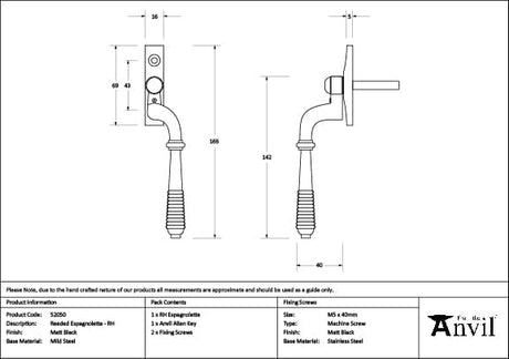 From The Anvil Window Furniture Matt Black / Right Hand / Yes From The Anvil - Matt Black Reeded Espag - RH