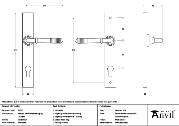From The Anvil Door Furniture Matt Black / Multi Point Lock Set / 92mm c/c From The Anvil - Matt Black Reeded Slimline Lever Espag. Lock Set