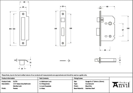 From The Anvil Locks & Latches Pewter Patina / Bathroom Lock / 2.5" / 65mm From The Anvil - Pewter 2.5" Heavy Duty Bathroom Mortice Lock