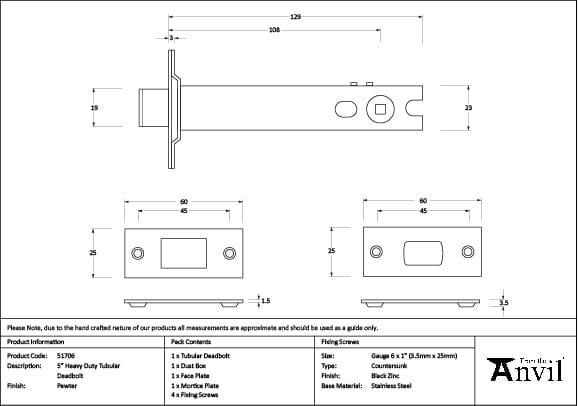 From The Anvil Locks & Latches Pewter Patina / Tubular Dead Bolts / 5" / 127mm From The Anvil - Pewter 5" Heavy Duty Tubular Deadbolt