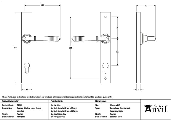 From The Anvil Door Furniture Pewter Patina / Multi Point Lock Set / 92mm c/c From The Anvil - Pewter Reeded Slimline Lever Espag. Lock Set