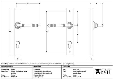 From The Anvil Door Furniture Pewter Patina / Multi Point Lock Set / 92mm c/c From The Anvil - Pewter Reeded Slimline Lever Espag. Lock Set