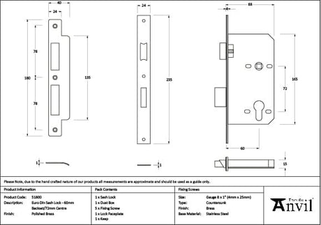 From The Anvil Locks & Latches Polished Brass / DIN Euro Sash Lock / 2.5" / 65mm From The Anvil - Polished Brass Euro Din Sash Lock - 60mm Backset/72mm Centre